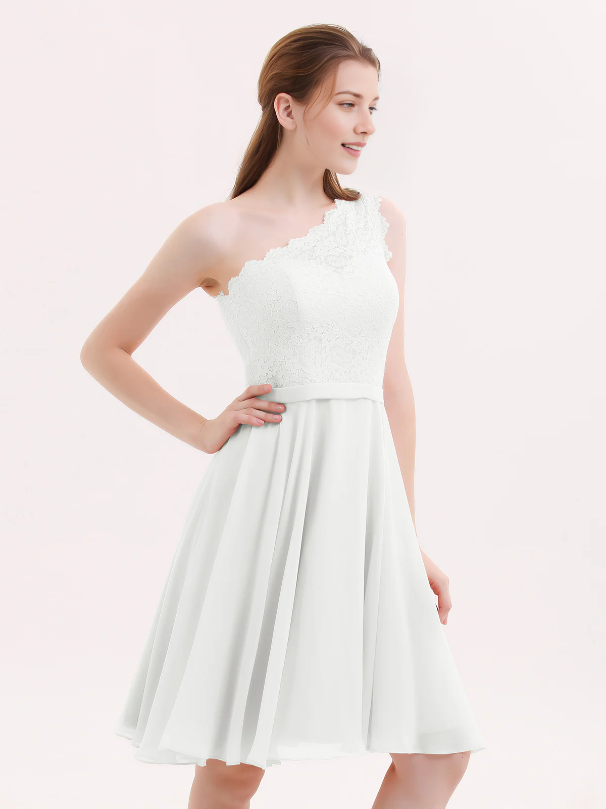One Shoulder Lace Top A-Line Knee-Length Chiffon Bridesmaid Homecoming Short Dress