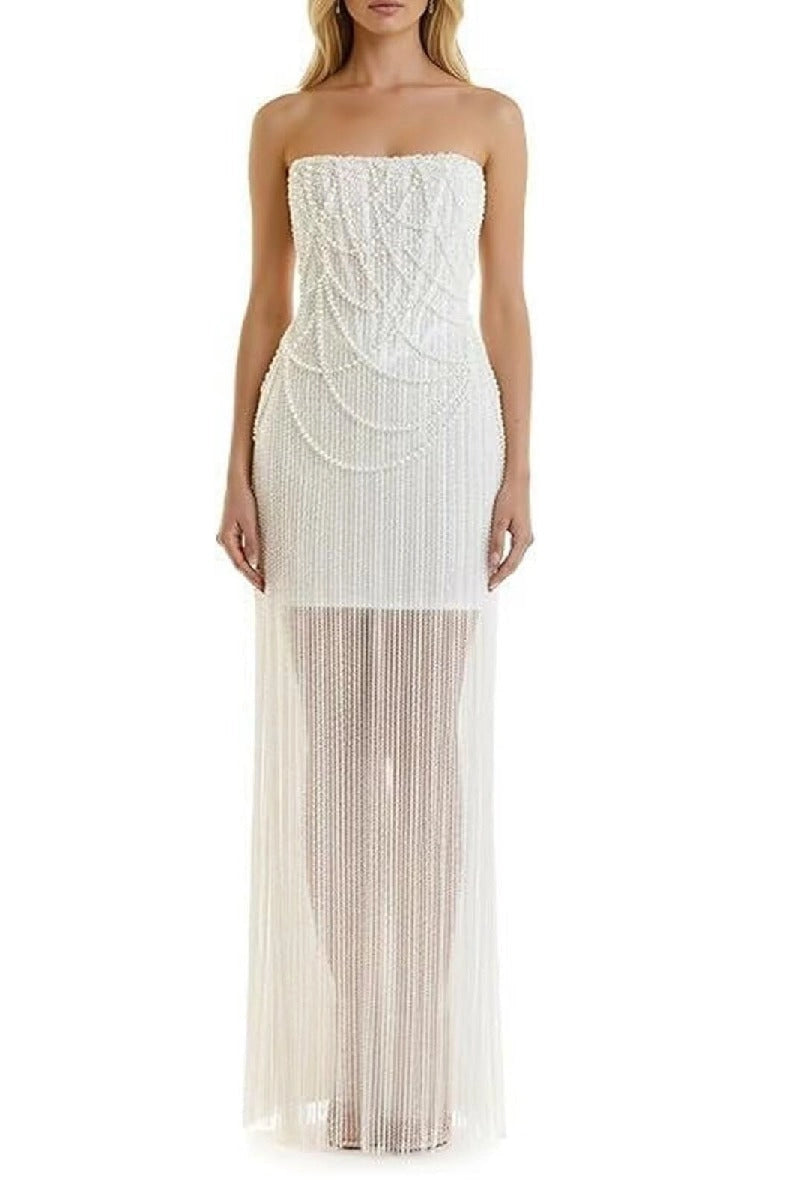 Luxe Sheath Strapless Sleeveless Lace-Up Back Floor-Length Beaded Evening Dress