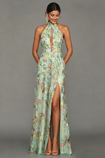 Lavender Floral Embroidered Halter Neck Maxi Dress with Keyhole & Slit