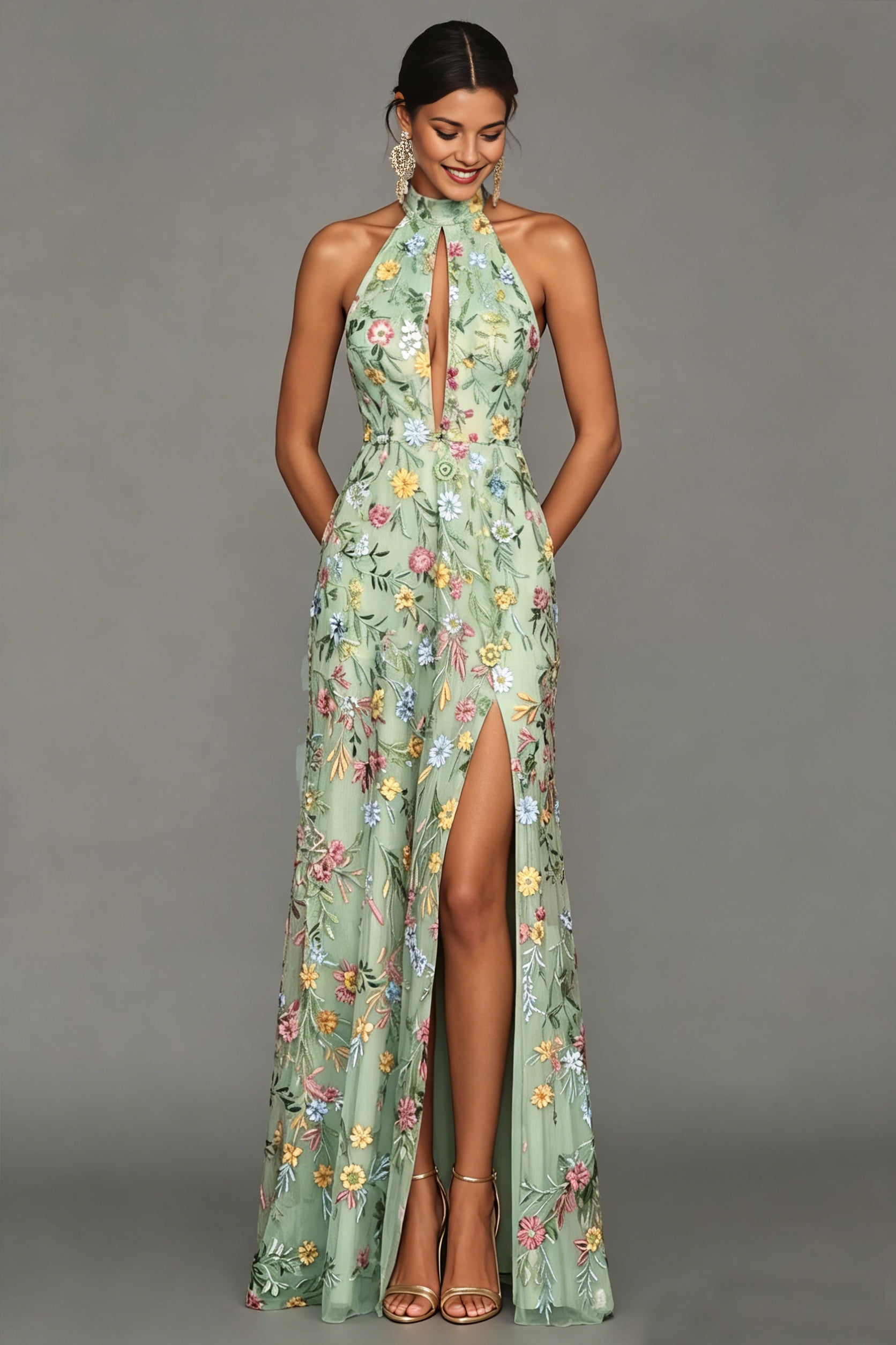 Lavender Floral Embroidered Halter Neck Maxi Dress with Keyhole & Slit