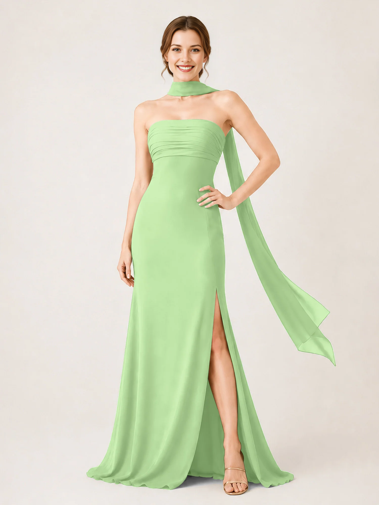 Strapless Ruched Chiffon Mermaid Bridesmaid Dress with Choker Scarf & High Slit
