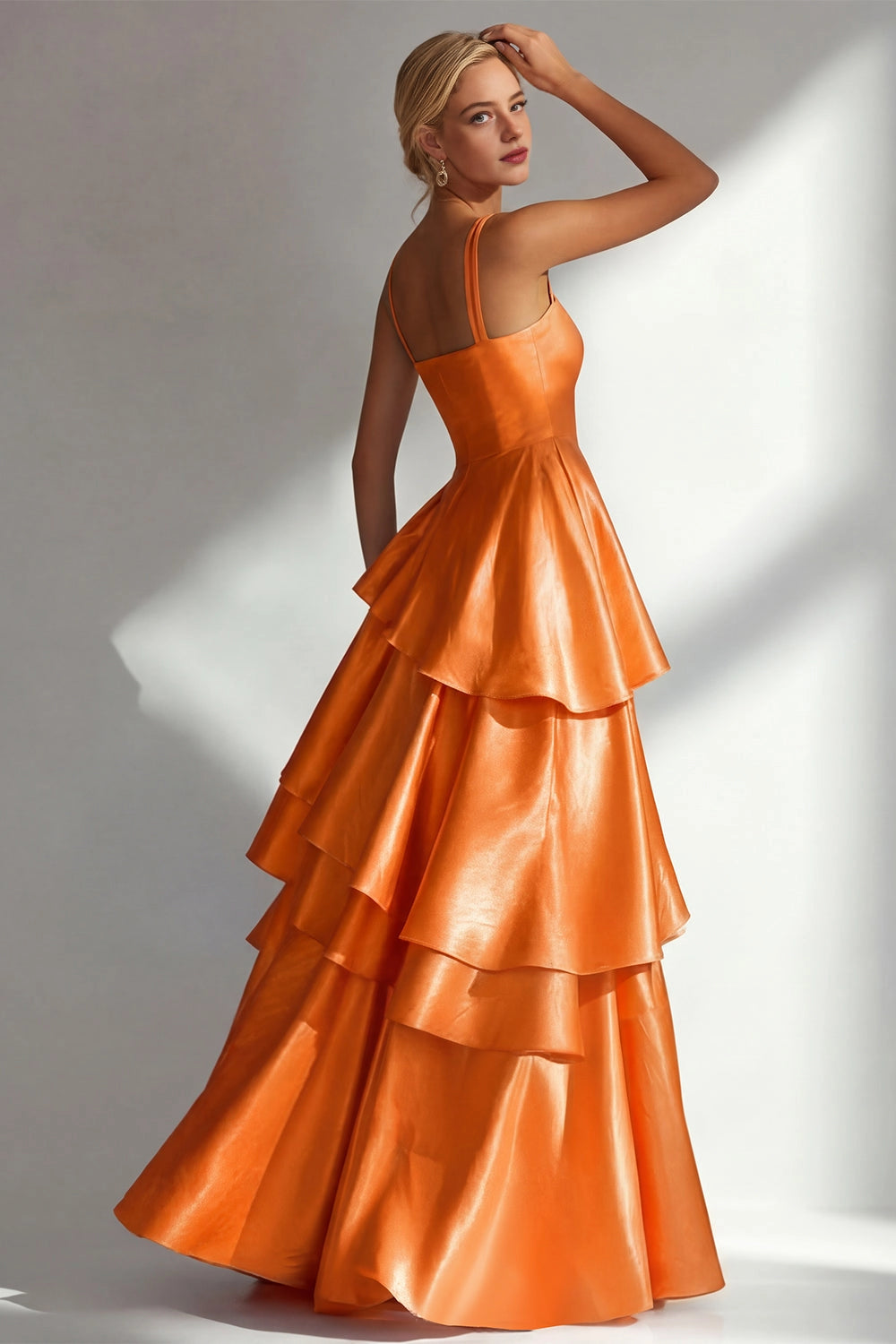 Shiny A Line Square Neck Straps Open Back Tiered Maxi Wedding Guest Dress