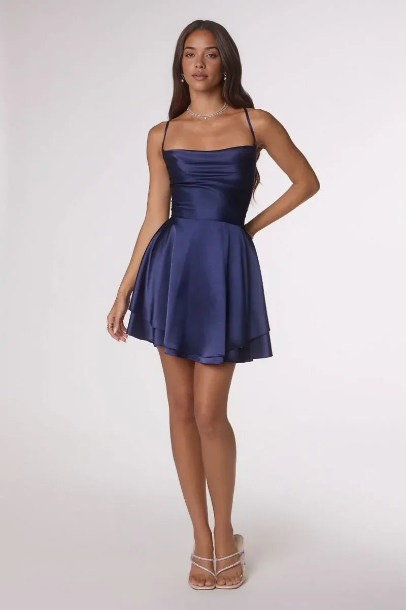 Satin Spaghetti Strap Draped Neckline Sleeveless Structured Bodice Tiered Flare Mini Homecoming Dress