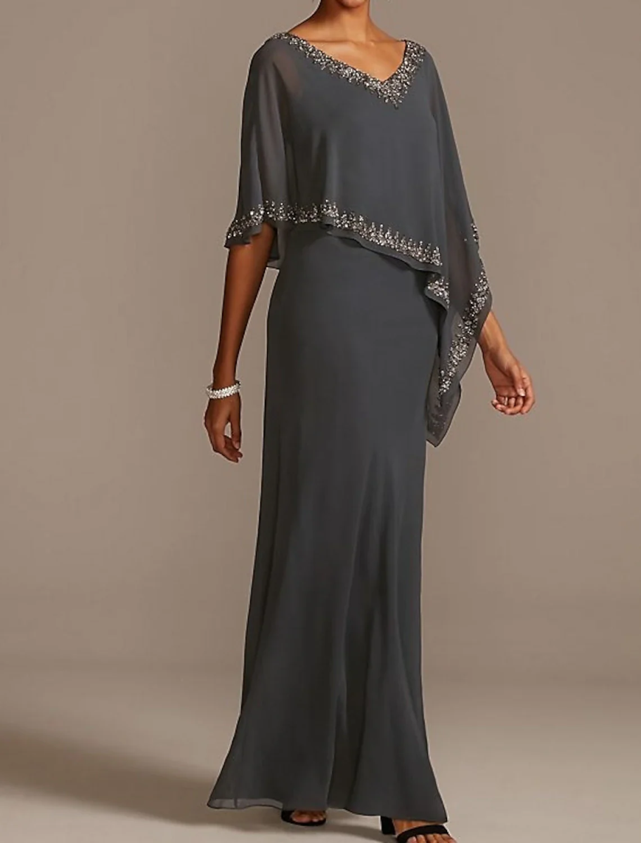 V-Neck Beaded Chiffon Maxi Dress with Cape Asymmetrical Cape Overlay Floor-Length Mother of the Bride Dress