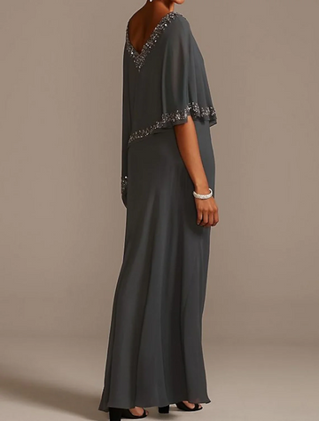 V-Neck Beaded Chiffon Maxi Dress with Cape Asymmetrical Cape Overlay Floor-Length Mother of the Bride Dress