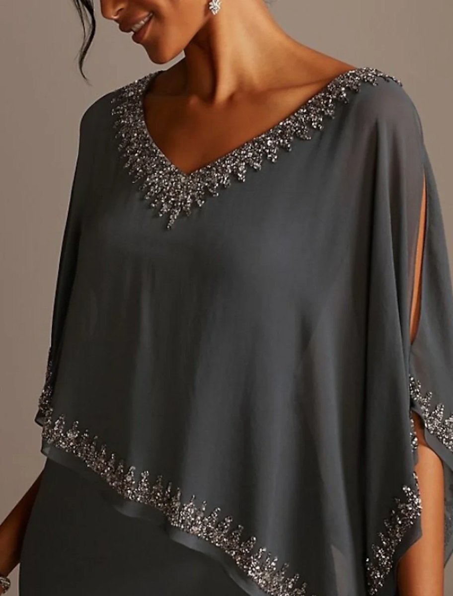 V-Neck Beaded Chiffon Maxi Dress with Cape Asymmetrical Cape Overlay Floor-Length Mother of the Bride Dress