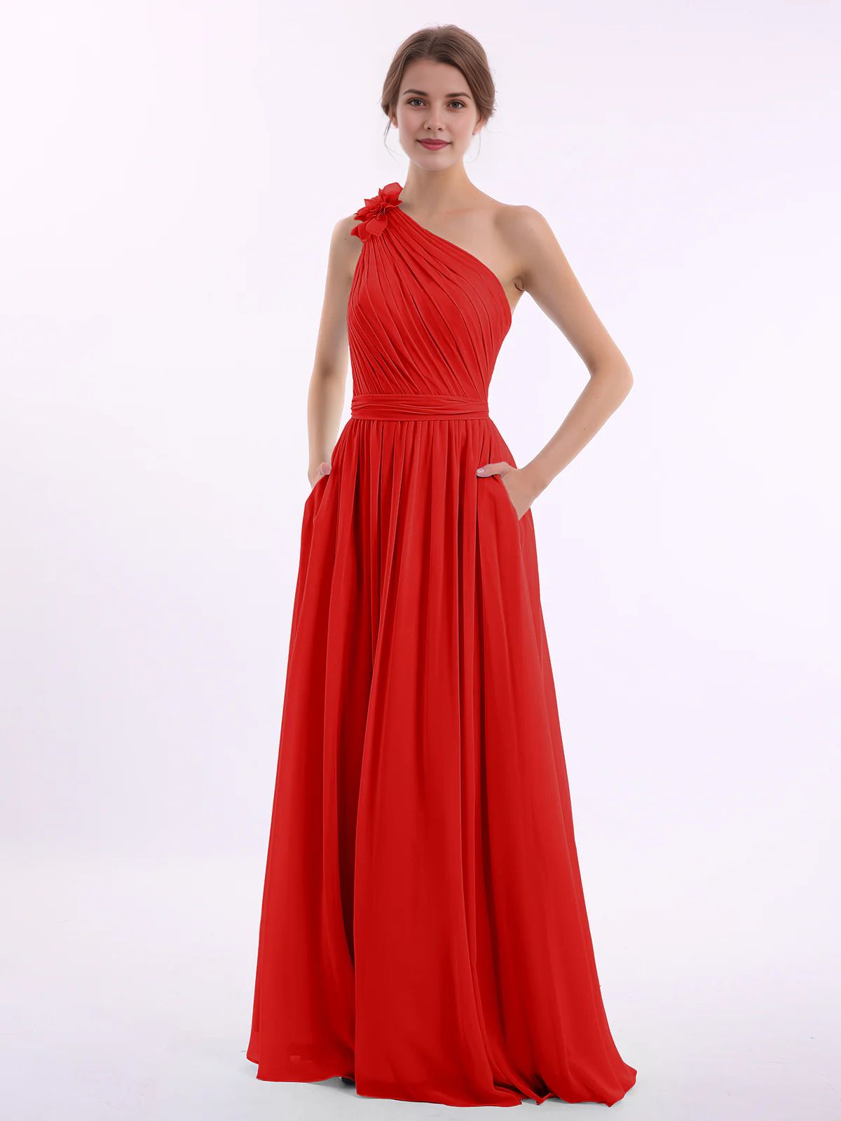 One Shoulder 3D Flower Ruched Chiffon Bridesmaid Maxi Dress with Pockets & Open Back Sash