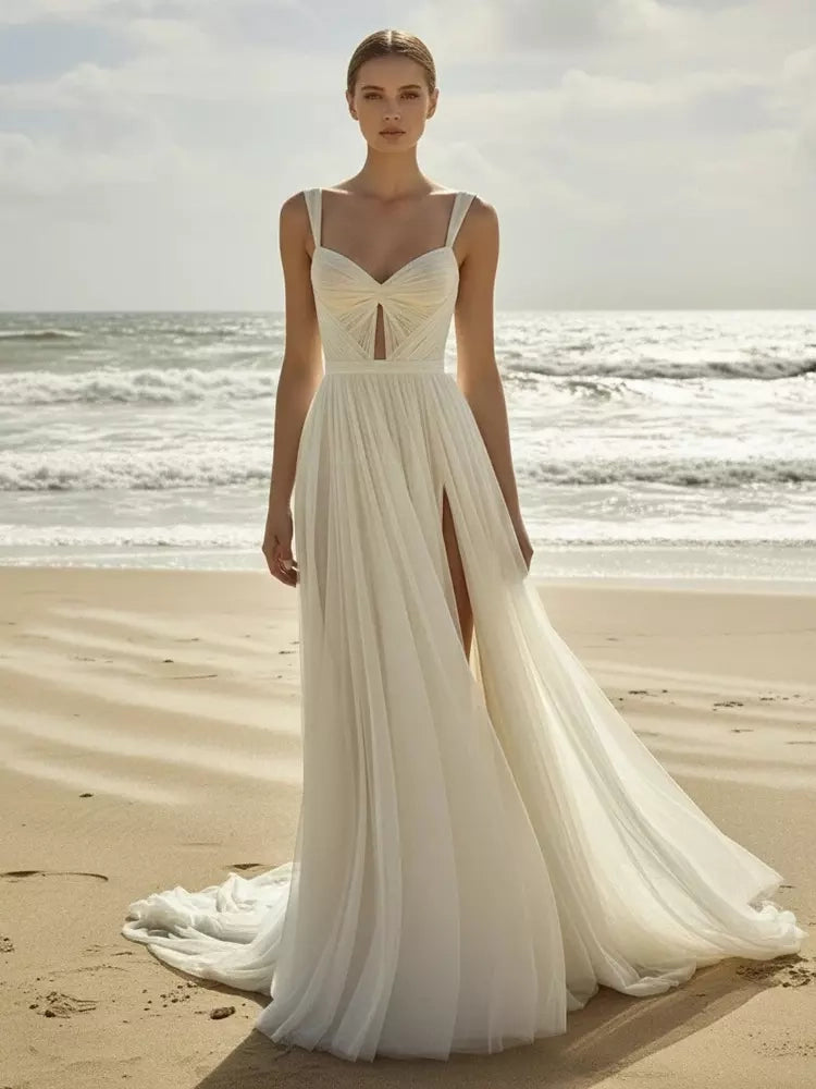 Romantic Chiffon A-Line Sweetheart Sleeveless Low Back Floor Length Wedding Dress