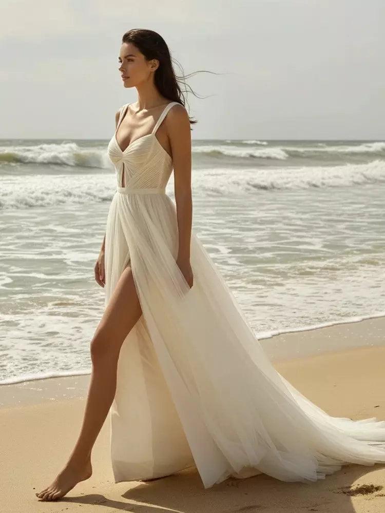 Romantic Chiffon A-Line Sweetheart Sleeveless Low Back Floor Length Wedding Dress