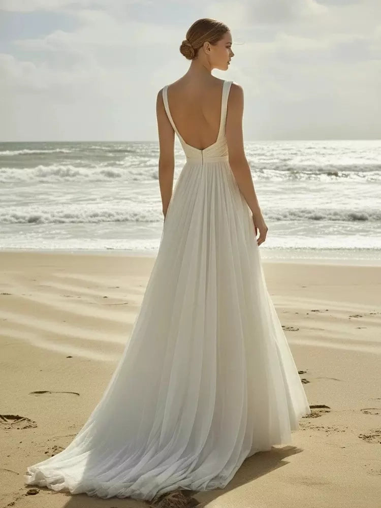 Romantic Chiffon A-Line Sweetheart Sleeveless Low Back Floor Length Wedding Dress