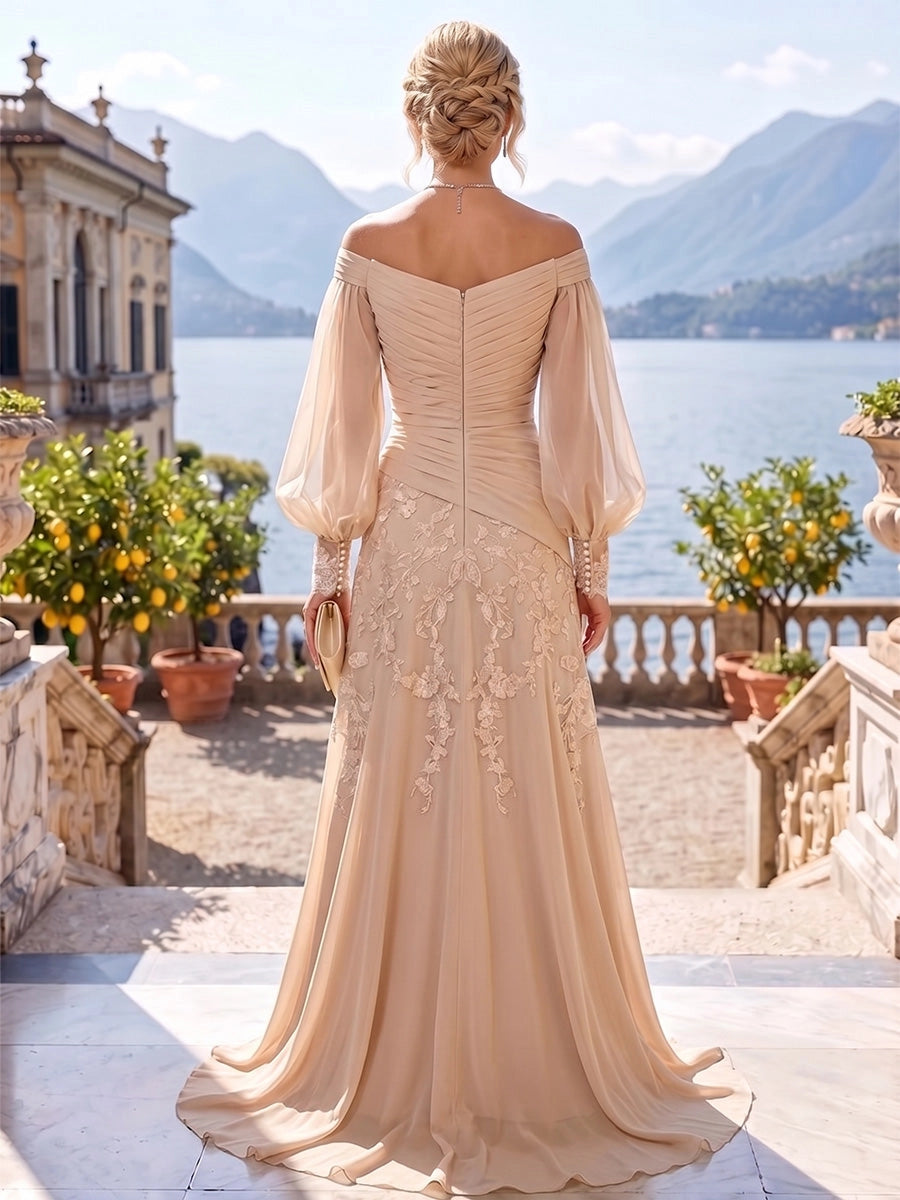 Romantic Mermaid Off-Shoulder Puff-Sleeve Zip-Back Sweep-Train Plus Size Mother of the Bride Dress