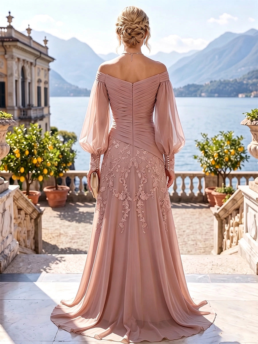 Back view vedress zip back off shoulder puff sleeve lace applique sweep train plus size mother gown