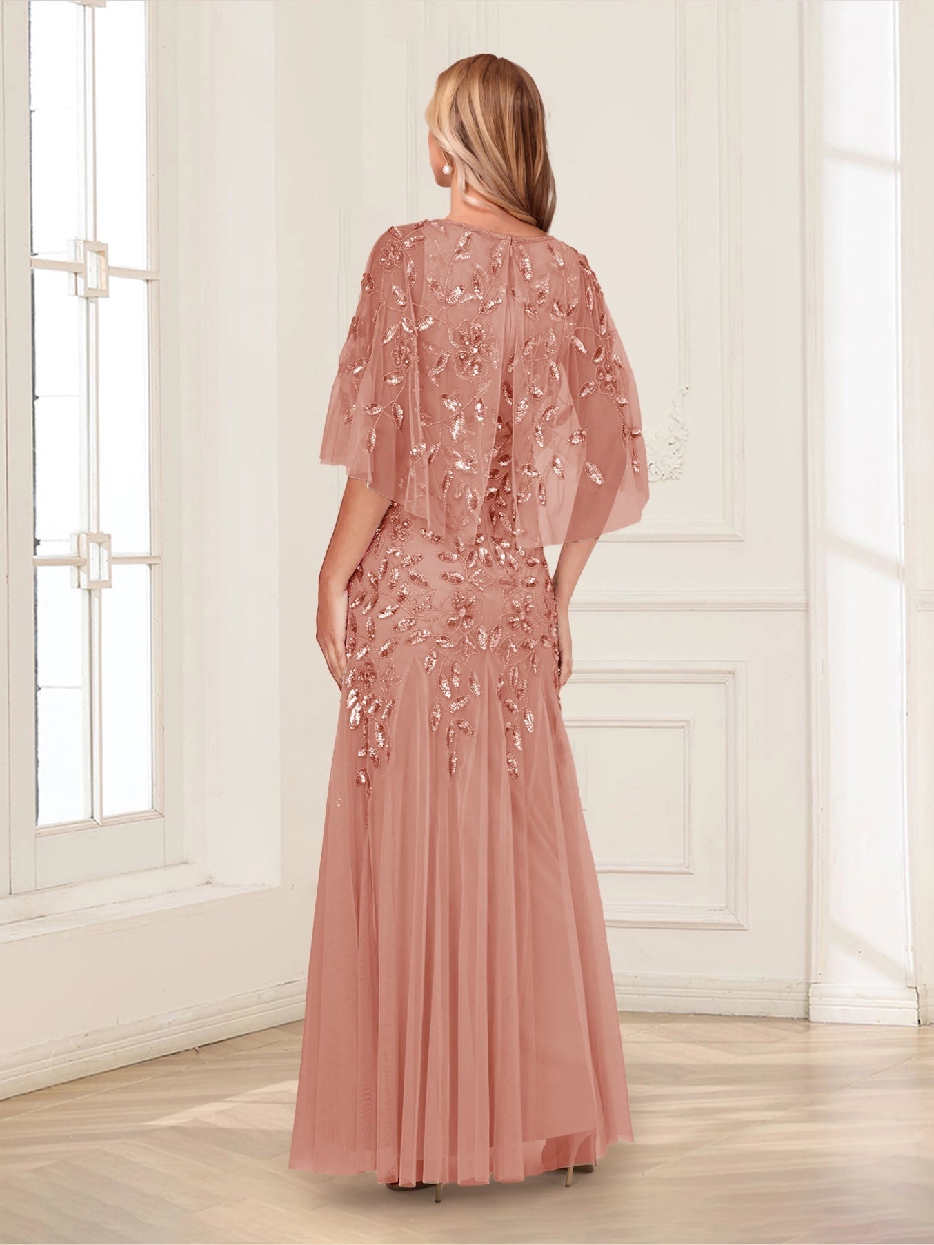 Back view vedress round zip back sequin cape sleeve mermaid tulle floor length plus size mother gown