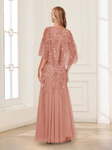 Back view vedress round zip back sequin cape sleeve mermaid tulle floor length plus size mother gown