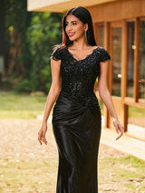 Satin Cap Sleeve Formal Gown Beaded Lace Bodice Ruched Twist Front Mermaid Maxi Dress with Train for Prom and Wedding Events