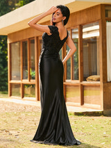 Satin Cap Sleeve Formal Gown Beaded Lace Bodice Ruched Twist Front Mermaid Maxi Dress with Train for Prom and Wedding Events