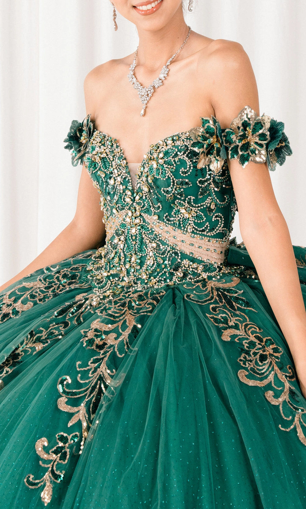 Glam Ball Gown Off‑Shoulder Floral Sleeve Lace‑Up Back Sweep Train Quinceanera Dress