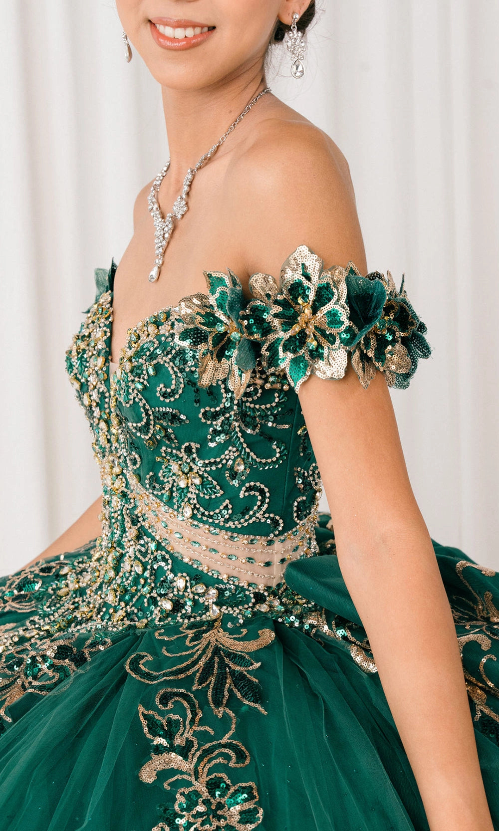 Glam Ball Gown Off‑Shoulder Floral Sleeve Lace‑Up Back Sweep Train Quinceanera Dress