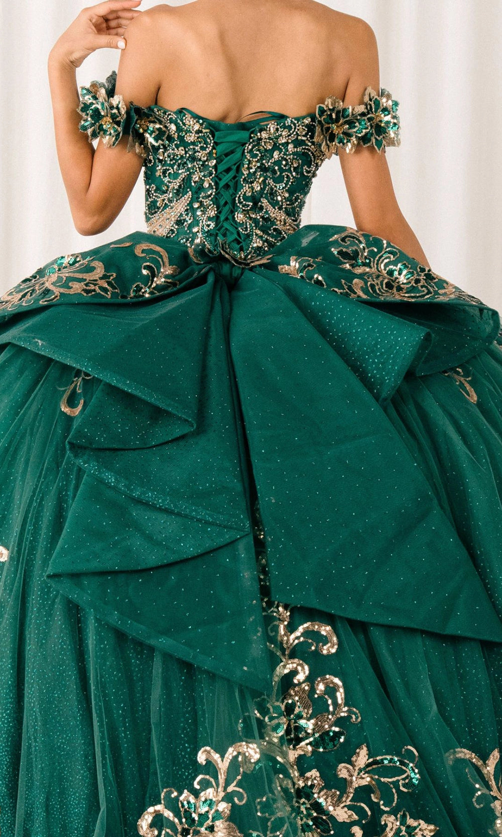 Glam Ball Gown Off‑Shoulder Floral Sleeve Lace‑Up Back Sweep Train Quinceanera Dress