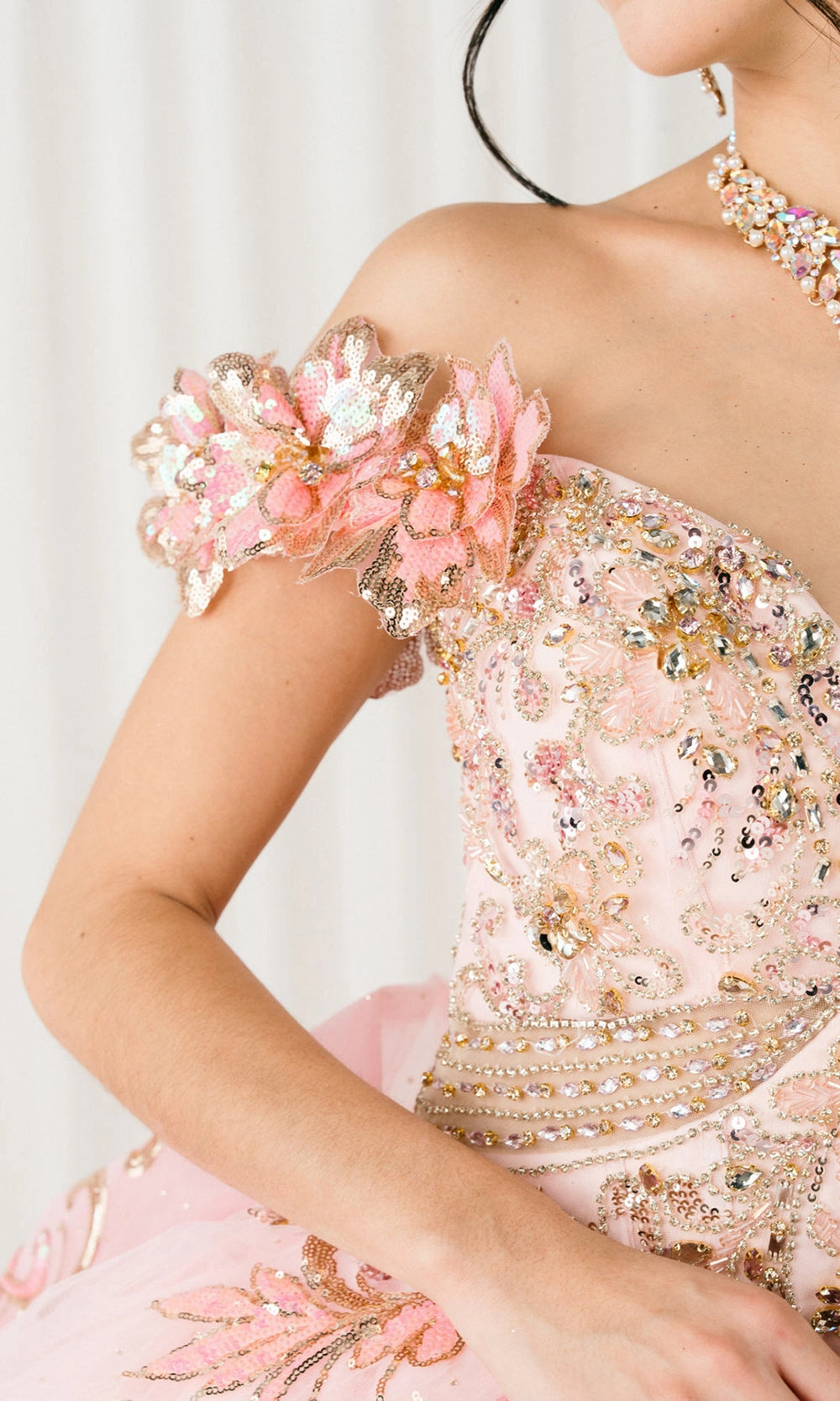 Glam Ball Gown Off‑Shoulder Floral Sleeve Lace‑Up Back Sweep Train Quinceanera Dress