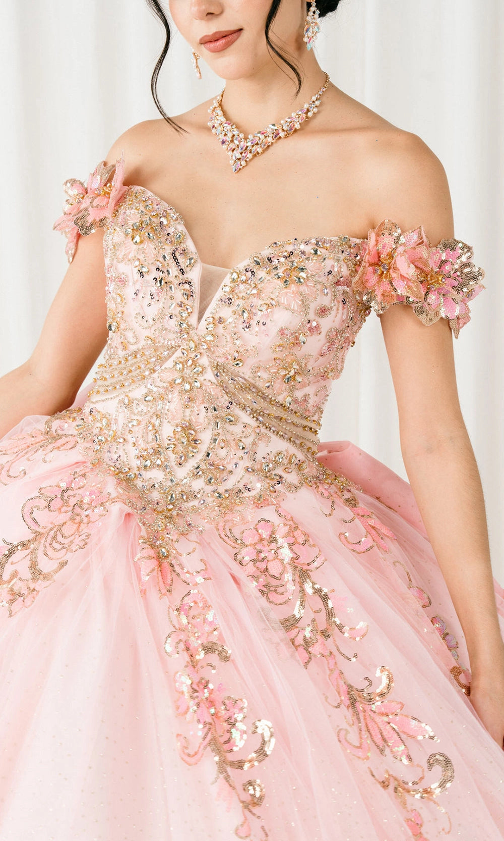 Glam Ball Gown Off‑Shoulder Floral Sleeve Lace‑Up Back Sweep Train Quinceanera Dress