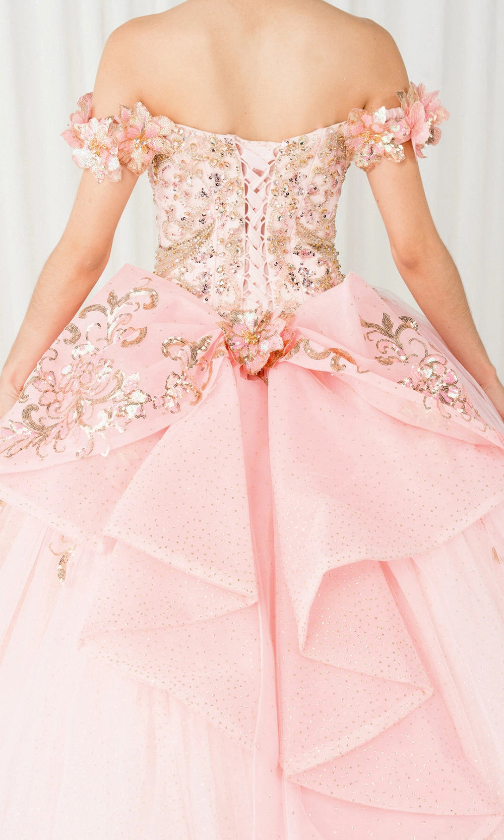 Glam Ball Gown Off‑Shoulder Floral Sleeve Lace‑Up Back Sweep Train Quinceanera Dress