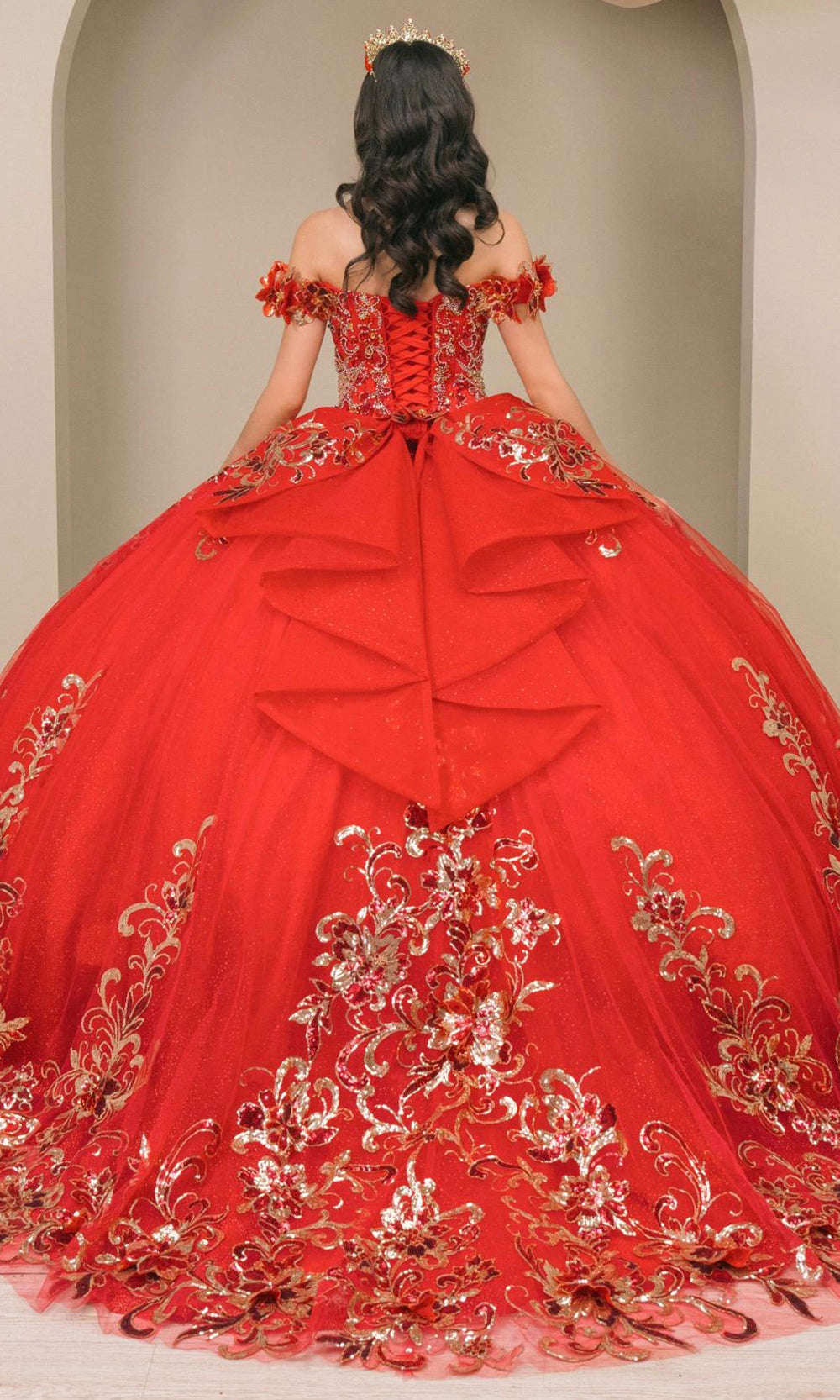 Vedress red quinceanera dress lace‑up corset back large layered bow sweep train ballgown back view
