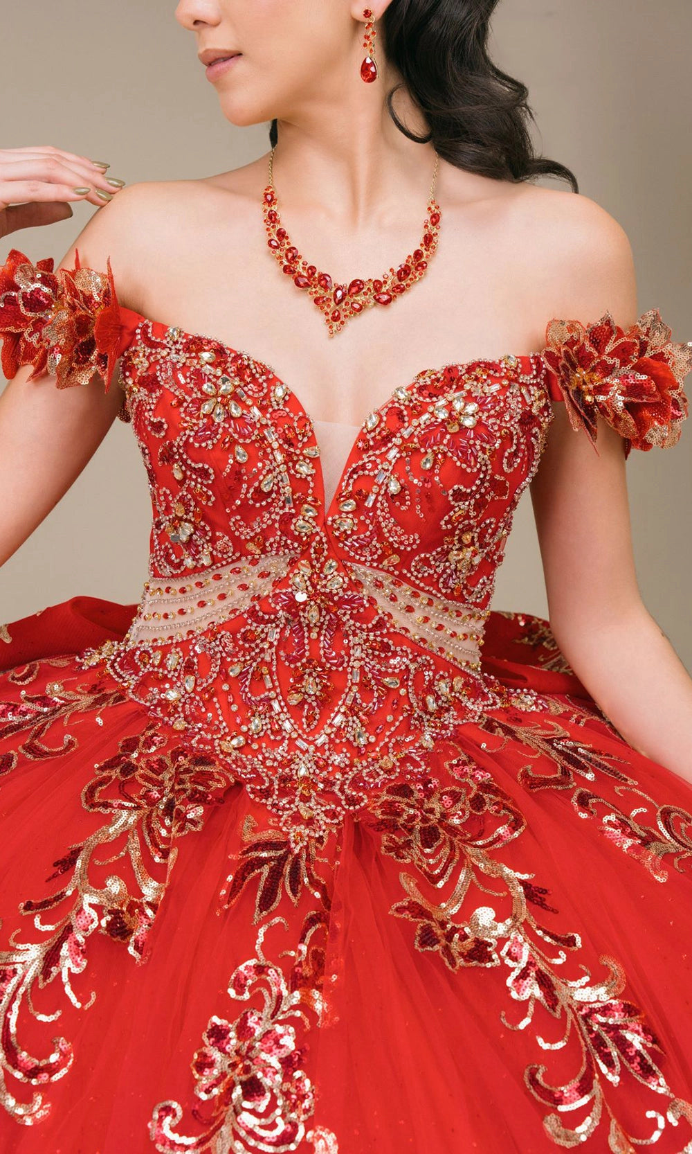 Glam Ball Gown Off‑Shoulder Floral Sleeve Lace‑Up Back Sweep Train Quinceanera Dress