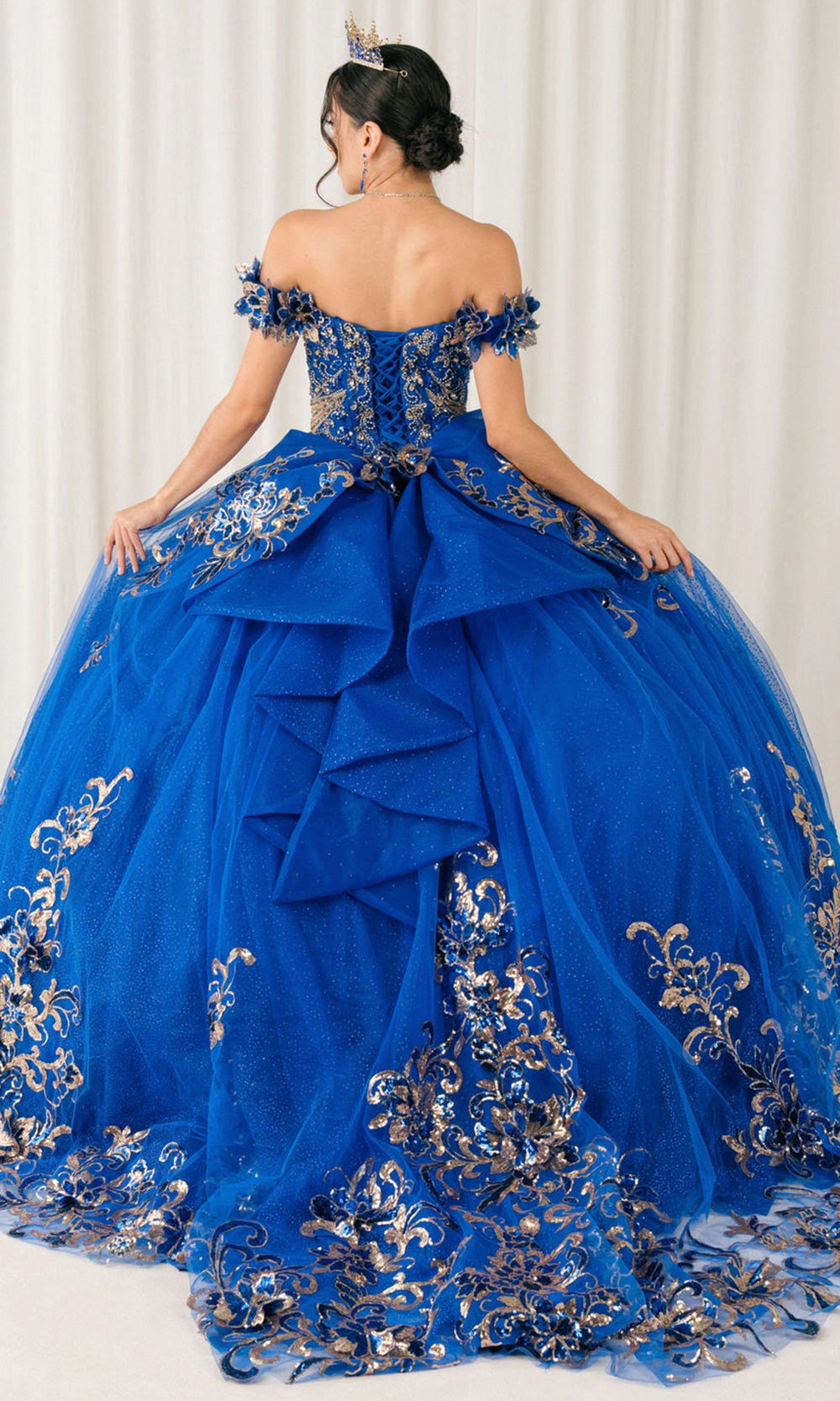 Glam Ball Gown Off‑Shoulder Floral Sleeve Lace‑Up Back Sweep Train Quinceanera Dress
