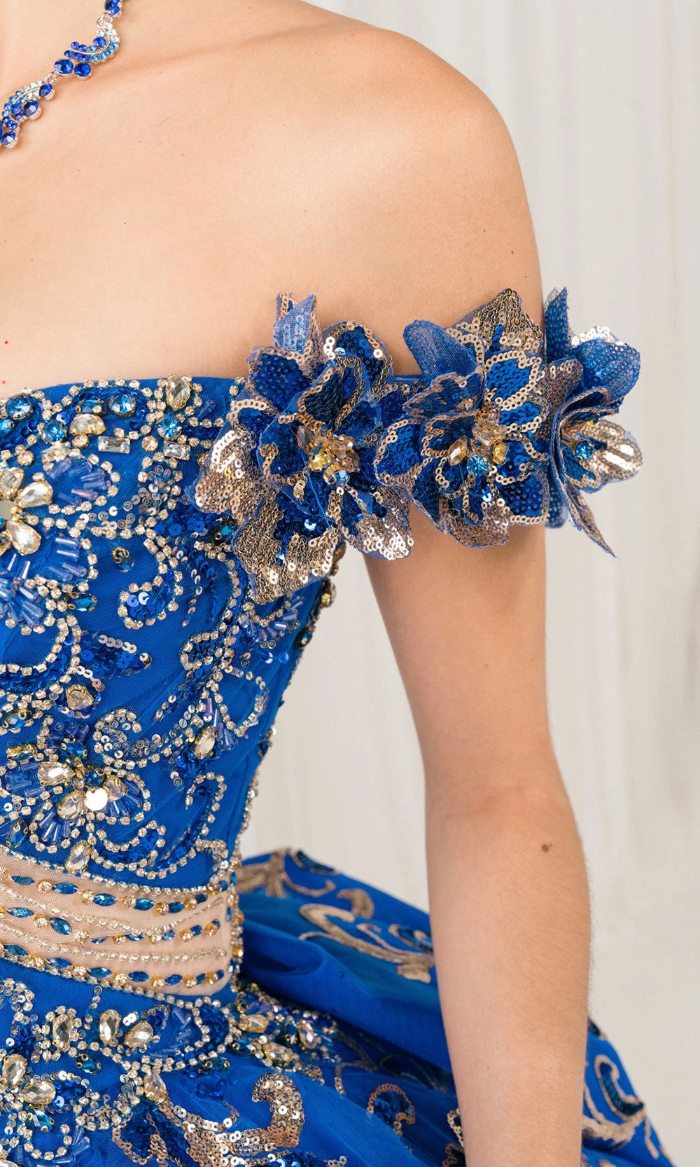 Glam Ball Gown Off‑Shoulder Floral Sleeve Lace‑Up Back Sweep Train Quinceanera Dress