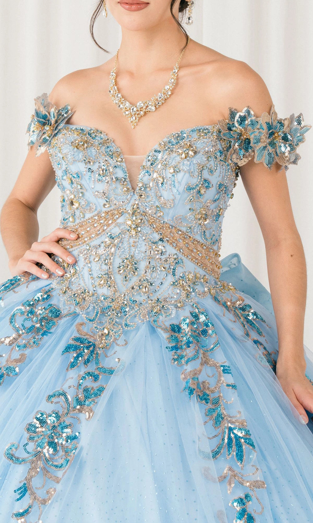 Glam Ball Gown Off‑Shoulder Floral Sleeve Lace‑Up Back Sweep Train Quinceanera Dress