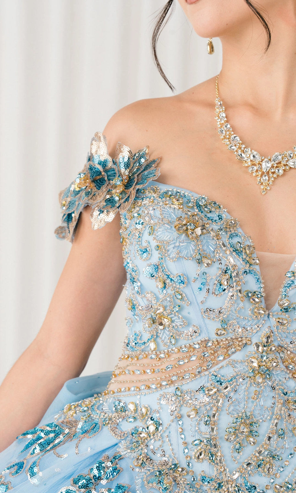 Glam Ball Gown Off‑Shoulder Floral Sleeve Lace‑Up Back Sweep Train Quinceanera Dress