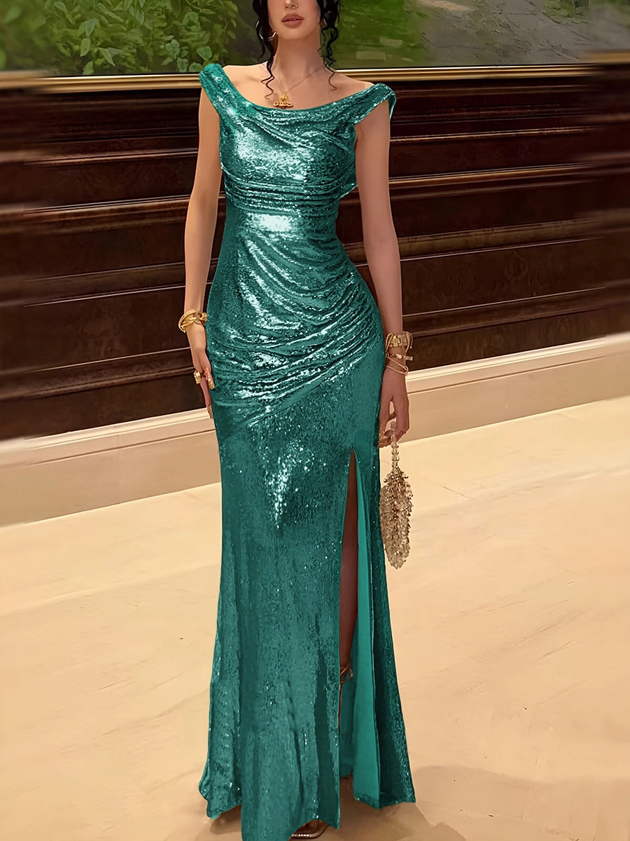 Elegant Mermaid Cowl‑Neck Off‑Shoulder Sleeveless Cowl‑Back Floor‑Length Evening Prom Dress