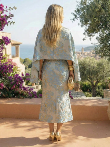 Vedress dusty blue gold jacquard wedding guest cape sheath midi dress back view