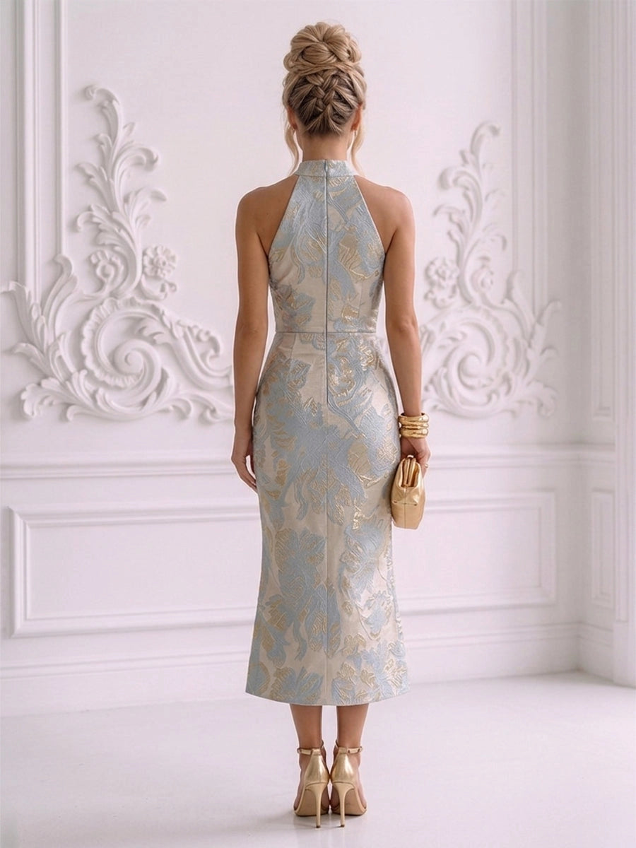 Back view vedress halter jacquard midi mother gown open back zipper closure formal dress