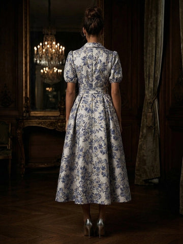 Vedress floral jacquard midi dress back view collared design back zipper puff sleeves full skirt