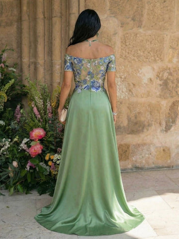 Vedress sage green embroidered off shoulder gown back view illusion mesh center zipper satin sheath train