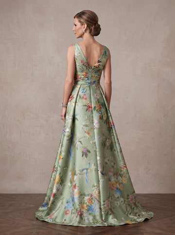 Vedress sage green floral satin gown deep V back sleeveless A-line mother of bride dress back view zipper closure
