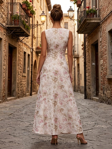 Vedress floral jacquard A-line tea length formal gown zipper back view
