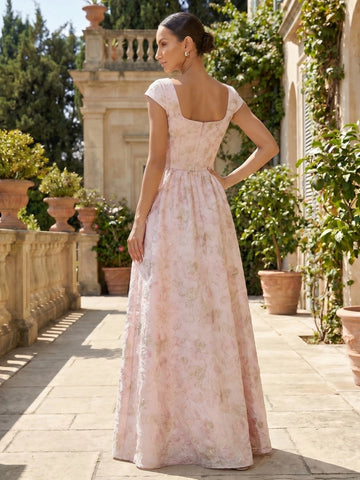 Vedress blush floral jacquard formal dress back view low square back cap sleeve invisible zipper