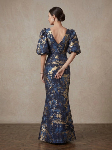 Vedress navy gold metallic jacquard gown back view, deep V back with center zipper, puff sleeve mermaid formal long dress