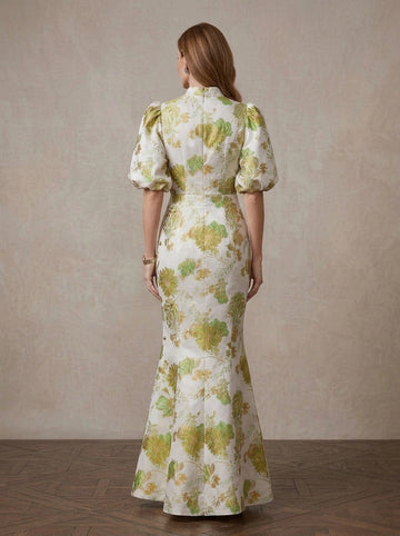 Vedress ivory green floral jacquard gown back view high neck center zipper puff sleeve mermaid floor length