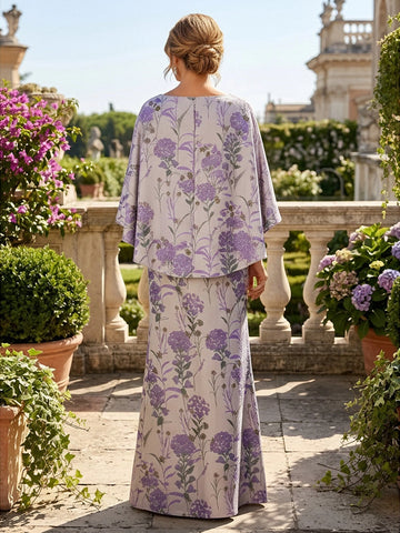 Vedress lavender jacquard mother of the bride dress boat neck back with cape sleeve rear view