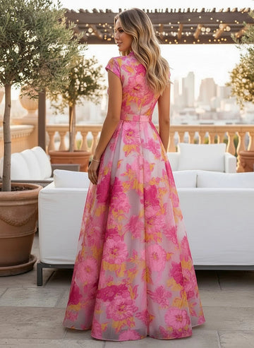 Vedress pink floral organza A-line gown back view cap sleeve waist belt center zipper floor length