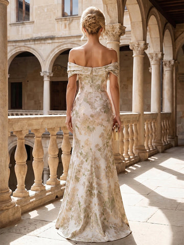 Vedress floral jacquard off shoulder mermaid mother of bride dress open back rear view