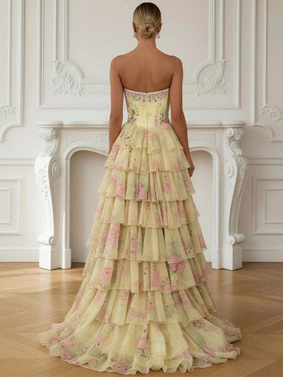 Back view vedress floral print prom dress strapless zipper back tiered ruffle chiffon train gown