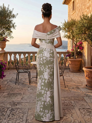 Vedress sage green floral jacquard mermaid gown off shoulder back view with center zipper and flowing sash
