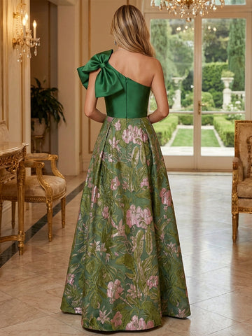 Vedress green pink jacquard wedding guest one shoulder gown back view with zipper