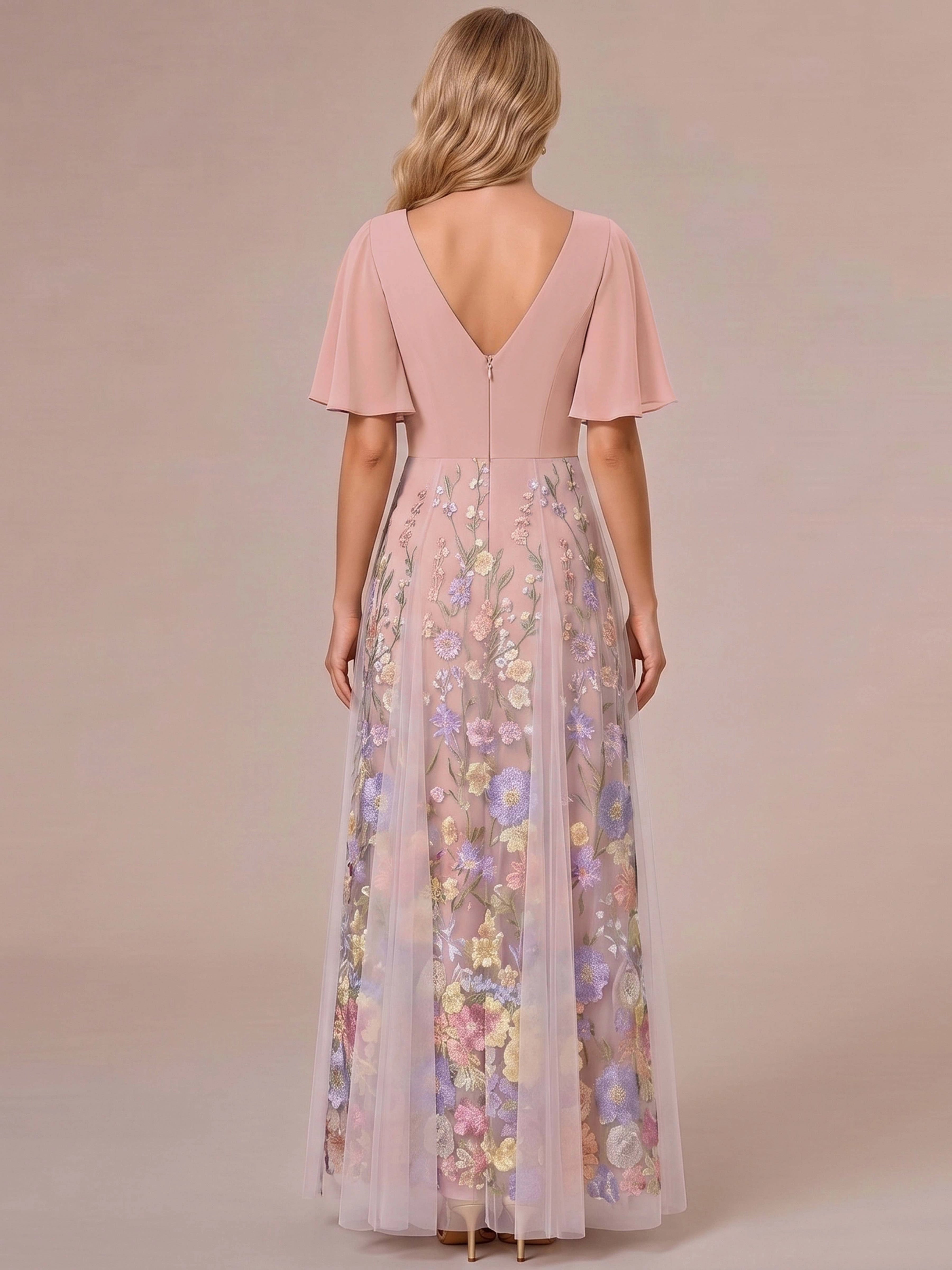 Model wearing vedress dusty pink embroidered mother of bride dress deep v back long formal gown rear view