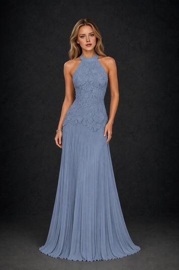 Elegant A-Line Halter-Neck Sleeveless Floral-Lace-Back Floor-Length Wedding Guest Dress